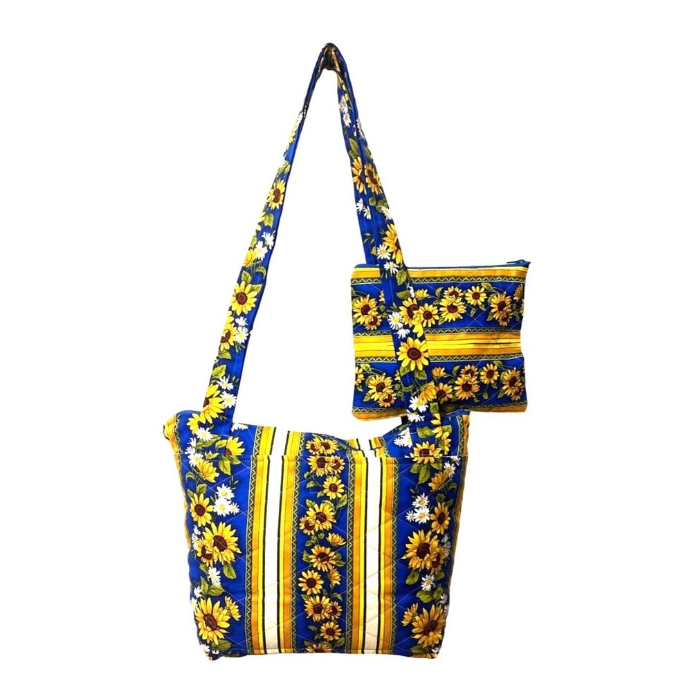 Like New Quilted Sunflower Print Shoulder Bag & Pouch Set Storage